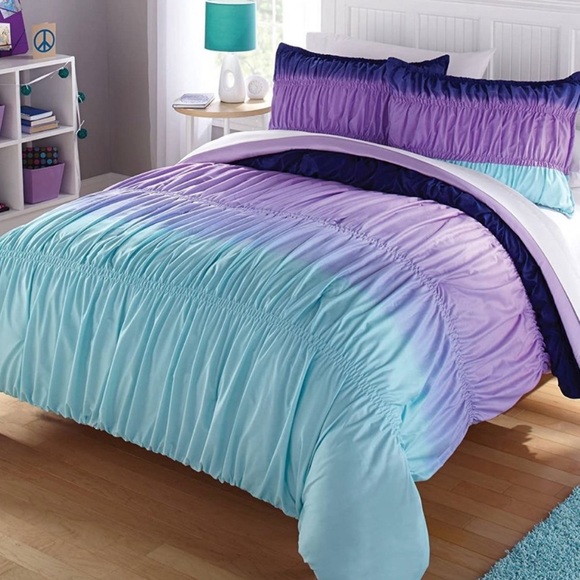 NEW Ombre Purple & Teal Ruched Comforter Set Queen - Picture 1 of 3